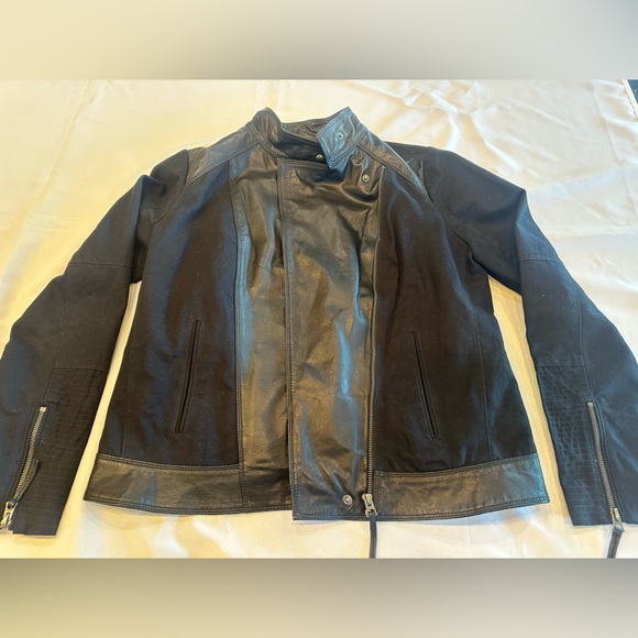 Lucky Brand Women’s Black Leather and Canvas Jacket Size Medium - Picture 1 of 11